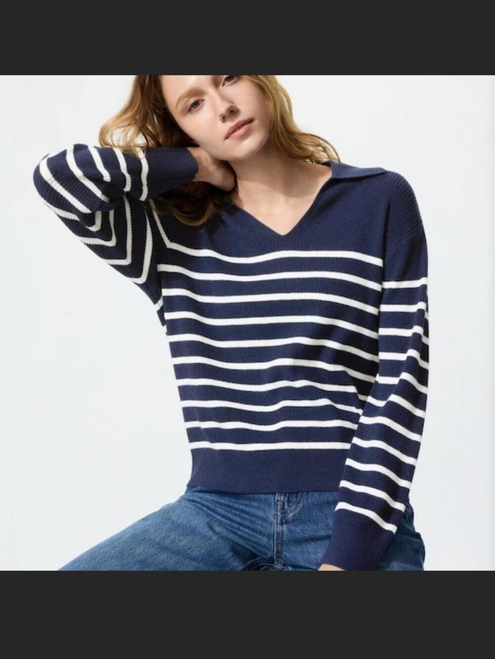 Uniqlo Striped V-Neck Long Sleeve Sweater - Navy & White